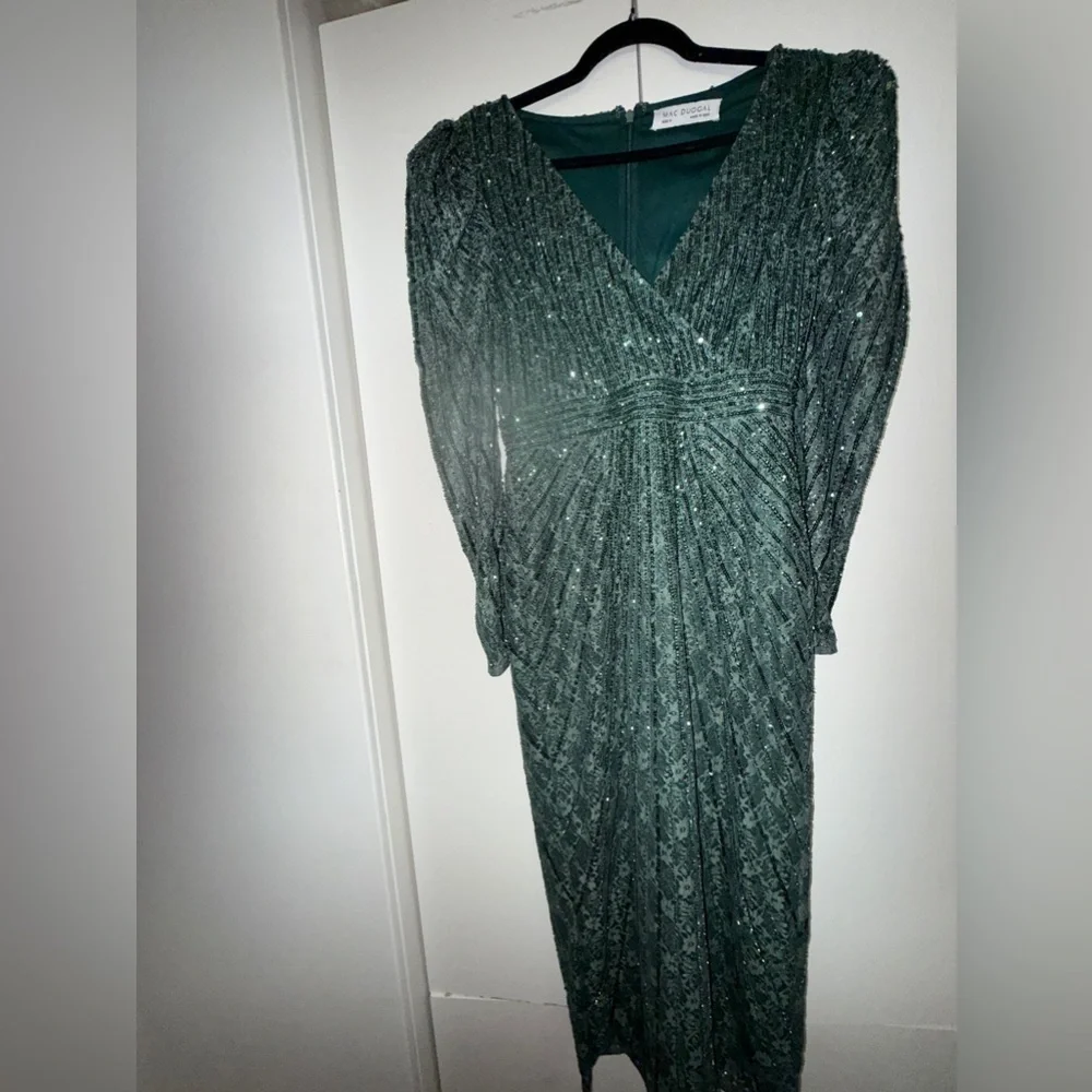 NWT | Mac Duggal 93676 Deep Green Beaded Lace Long Sleeve Midi Dress Size 6 - Picture 10 of 14